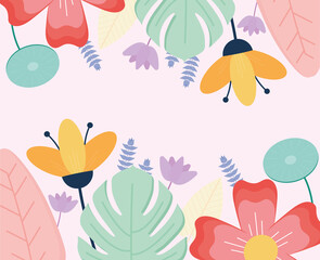 set of flowers on a pink background