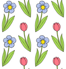 Vector seamless pattern of different hand drawn doodle sketch flower isolated on white background