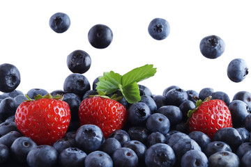 fresh blueberries and strawberries on a white background, fruits, moment