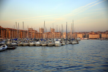 Moored boats in the Vieux Port of Marseille, in the calm evening