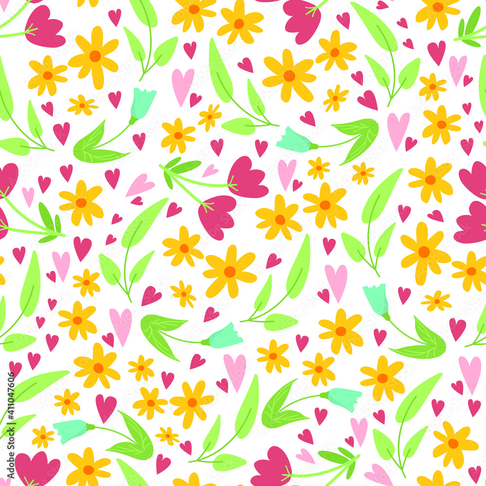 Aufkleber seamless pattern background with spring floral elements in simple flat hand drawn style. vector wall