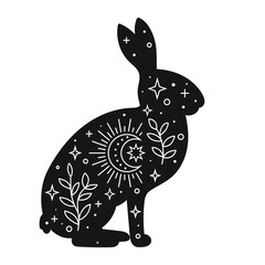 Vector hand drawn rabbit with boho elements for decoration. Bohemian clipart. Woodland animal hare