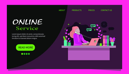 A landing page with a young woman working on a laptop  in the office or at home. A flat illustration. Vector.EPS10.