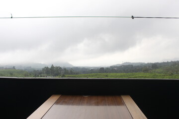Tea garden shrouded in mist. Green tea garden in the mountain area. Tea gardens in Indonesia