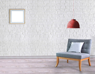 bright empty interior design, stone wall. 3D illustration