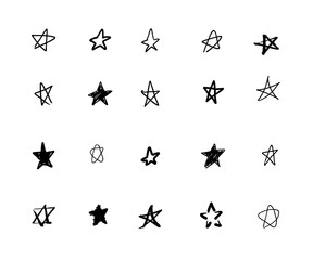 Star set of hand drawn paint object for design use. Black and white background. Abstract brush drawing. illustration grunge stars - Vector