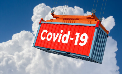 Container with Coronavirus Covid-19 text on the side.  Vaccine delivery. 3D Rendering 