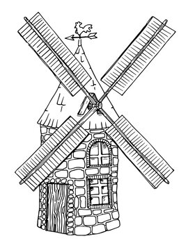 Illustration of an old mill. Sketch simple style. Black outline on a white background. Isolated object.