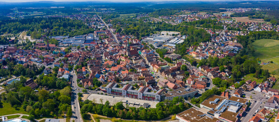 Aerial view of old town of the city Roth in Germany, Bavaria on a spring noon.	