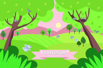 A happy Easter banner and postcard with hares in the nature. A flat illustration. Vector. Eps10. 