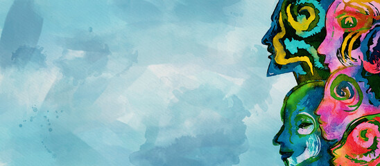 Watercolor abstract faces. Diversity concept banner