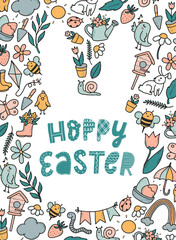 cute hand lettering quote 'Hoppy Easter' decorated with hand drawn doodles on white background. Good for posters, prints, cards, etc. 