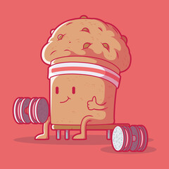 Muffin lifting weights vector illustration. Food, healthy, sport, fitness design concept.