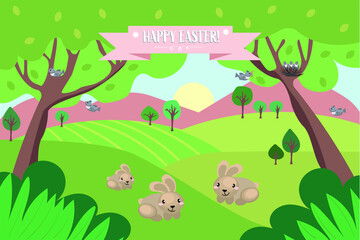 Obraz na płótnie Canvas A happy Easter banner and postcard with hares in the nature. A flat illustration. Vector. Eps10. 