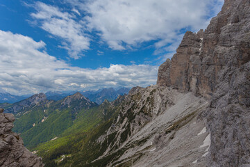 Fototapeta na wymiar Panorama of the Cadore dolomites and Duranno Peak. Mount Civetta recognizable in the background on the right. View from the East