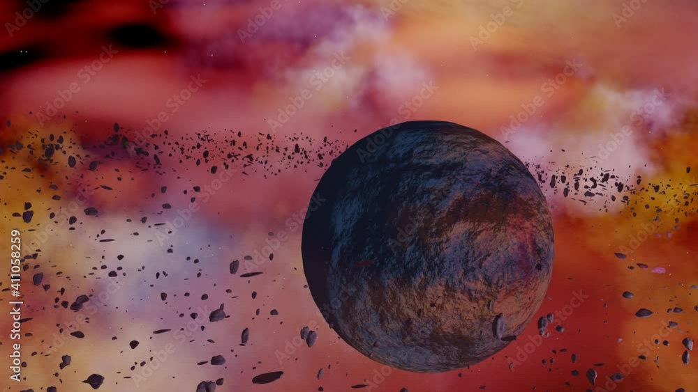 Sticker animation of red rocky planet in a flaming galaxy in outer space .