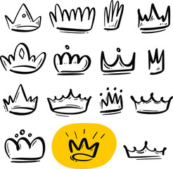 Hand-drawn crowns collection. Ink sketch.