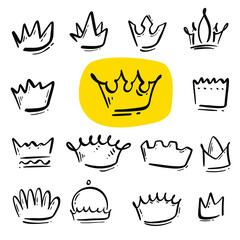 Hand drawn princess crowns. Sketch doodle royalty symbols.