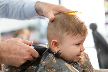 Portrait of cute small baby boy in barber shop getting his first haircut. Infant boy scared and crying during hairdresser cutting his hairs. Hairdressers hands making hairstyle for 8 month child boy.