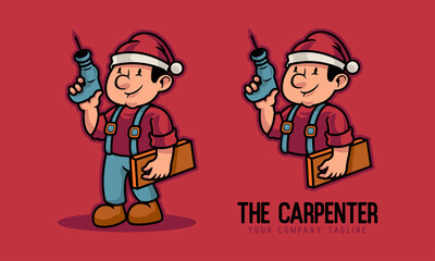 carpenter holding drill and mascot logo wood planks