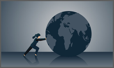 
vector illustration of business woman pushing a globe on a gray background