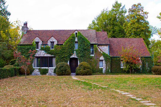 Beautiful Stone Home Covered With Greenery.