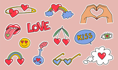 Hand drawn cute romantic colorful stickers set. Fashion patches of lips, hands, rainbow, hearts, sun glasses, comic bubbles etc. Cartoon style. Vector illustration