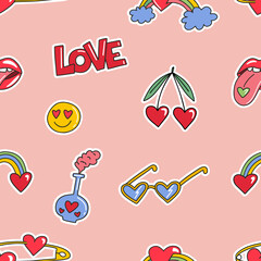 Seamless pattern with romantic stickers. Fashion patches of lips, hands, rainbow, hearts, sun glasses, comic bubbles etc. Cartoon style. Vector illustration