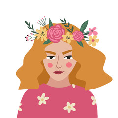 Female portrait with flowers. Beautiful spring girl character. Vector illustration