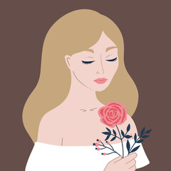 Female portrait with flowers. Beautiful spring girl character. Vector illustration