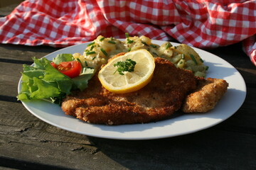 schnitzel, kartoffelsalat, bayrisch, bayern, modern, neu, makro, anlasser, board, zitrone, petersilie, sliced, slice, kartoffel, beilage