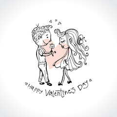 Cartoon illustration with a young couple in love on the background of a large heart. Vector illustration postcard Happy Valentine's Day. Vector template. Cute card