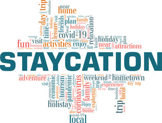 Staycation vector illustration word cloud isolated on a white background.