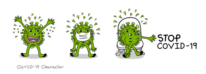 Covid-19 cartoon vector characters,  Stop coronavirus (covid-19), Corona virus danger and public health risk disease. COVID-19 cartoon wearing a mask vector illustration