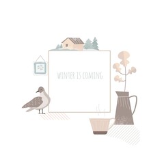Book cover, postcard, social network page template. Cozy home and cute things. The winter is coming