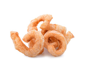 Pork snack or Pork rind leather lean pork fried crispy and blistered isoloated on white background. Thai food, Close-up