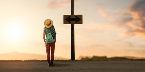 a backpacker woman traveler wondering for a way to go.