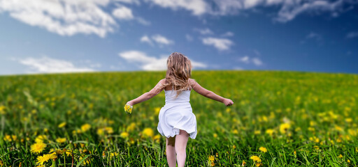 Naklejka na ściany i meble a girl running with wide open arms in a yellow flower field.