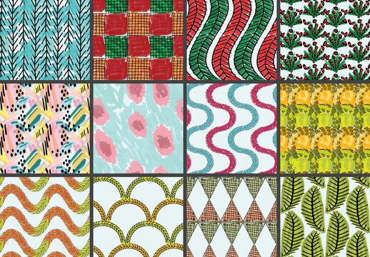 Seamless Pattern Set with Marker Brush Doodle and Strokes 