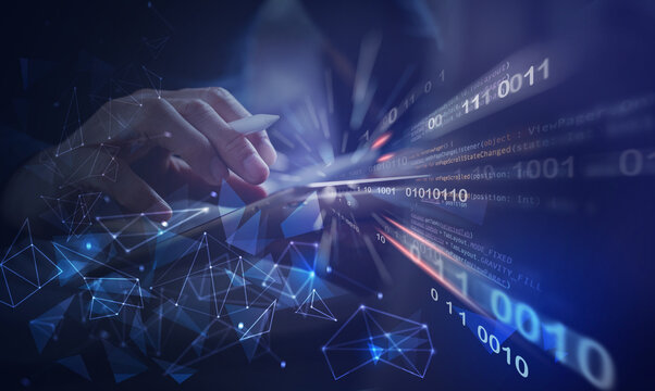 Digital software technology development and big data concept - Powered by Adobe