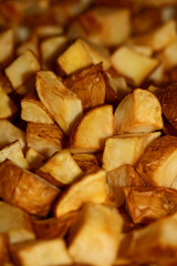 Cutting potatoes in small pieces close up catering background modern high quality print