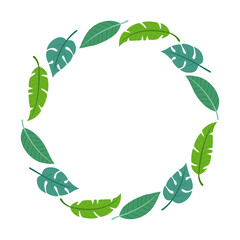 Tropical palm leaves round frame on white background.