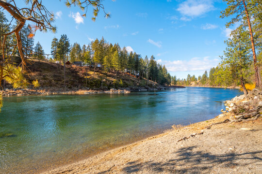A riverfront home sits on a hilltop overlooking the Spokane River in the American Northwest city of Post Falls, Idaho, as seen from Corbin Park.