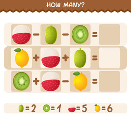 How many cartoon fruits. Counting game. Educational game for pre shool years kids and toddlers