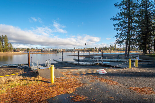 The closed boat ramp and launch at Q'emiln Park along the Spokane River in Post Falls, Idaho, USA, during winter.