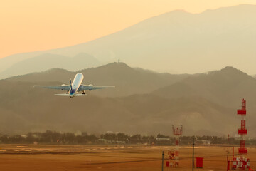 夕焼け空に飛び立つ飛行機