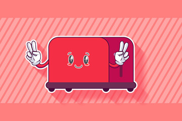 RELAXED, GLASSES, COOL Face Emotion. Double Peace Finger Hand Gesture. Toaster Cartoon Drawing Mascot Illustration.