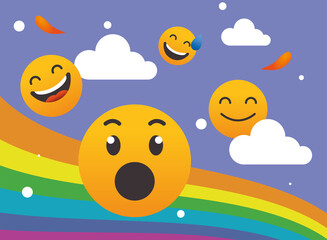 Happy emojis faces with rainbow and clouds vector design