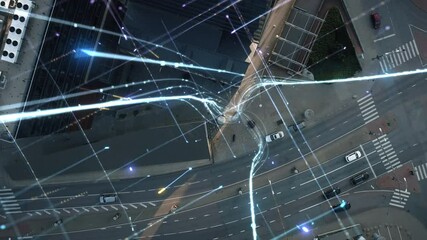 Big City Business Partners Use Tablet Computer on Crowded Street. E-Commerce Visualization of Information Lines Flying from Tablet into Global Digital Network. Top Down Zoom out Aerial Drone Shot - Powered by Adobe