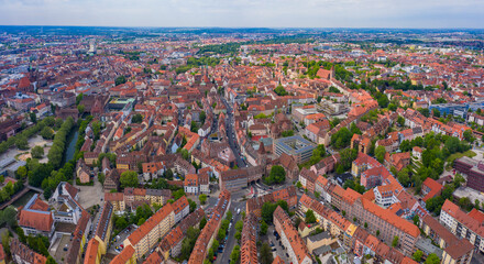 Aerial view of old town of the city Nurmberg in Germany, Bavaria on a spring noon.	